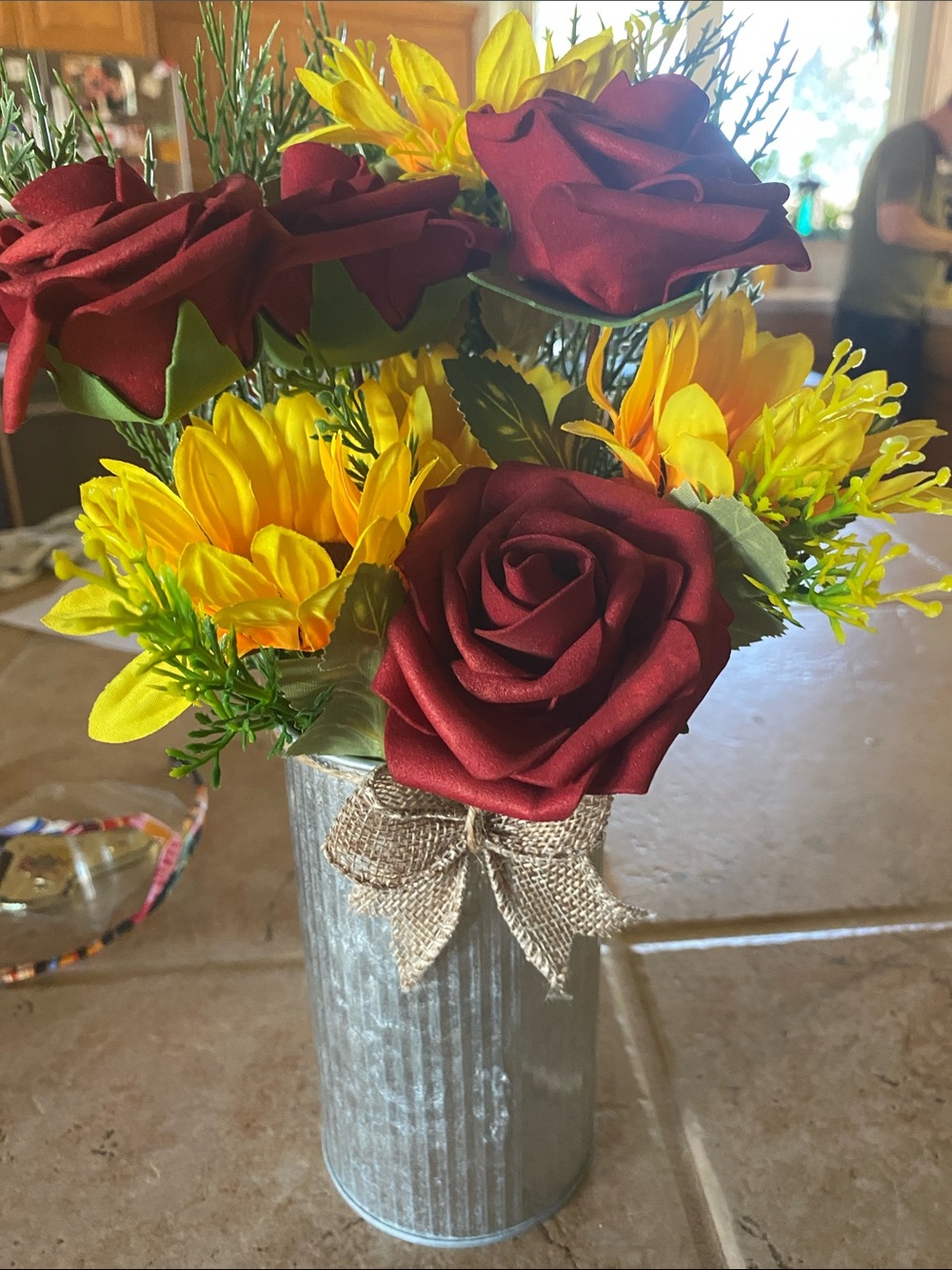 Artificial Burgundy Rose and Yellow Sunflower Arrangement in Silver Vase